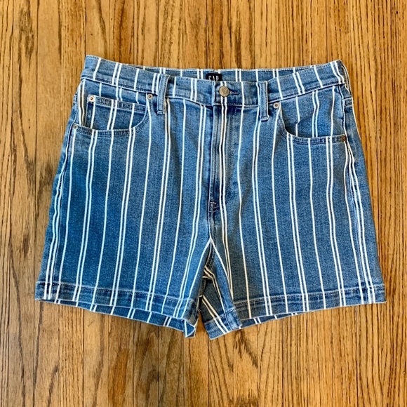 GAP Mom Jean Shorts Blue Navy Striped Denim High Waist VTG 90s 12 31 Stretch - Picture 3 of 8